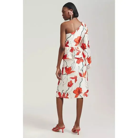 NWT ANTHROPOLOGIE Hutch One-Shoulder Peplum Dress $198 SIZE 6 Red Floral - Picture 4 of 7